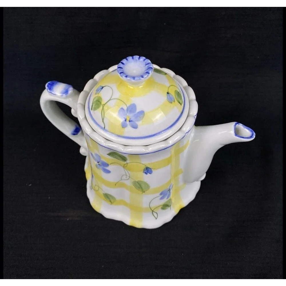 Vintage Andrea by Sadek Teapot Yellow Plaid Check Blue Violets Flowers 7